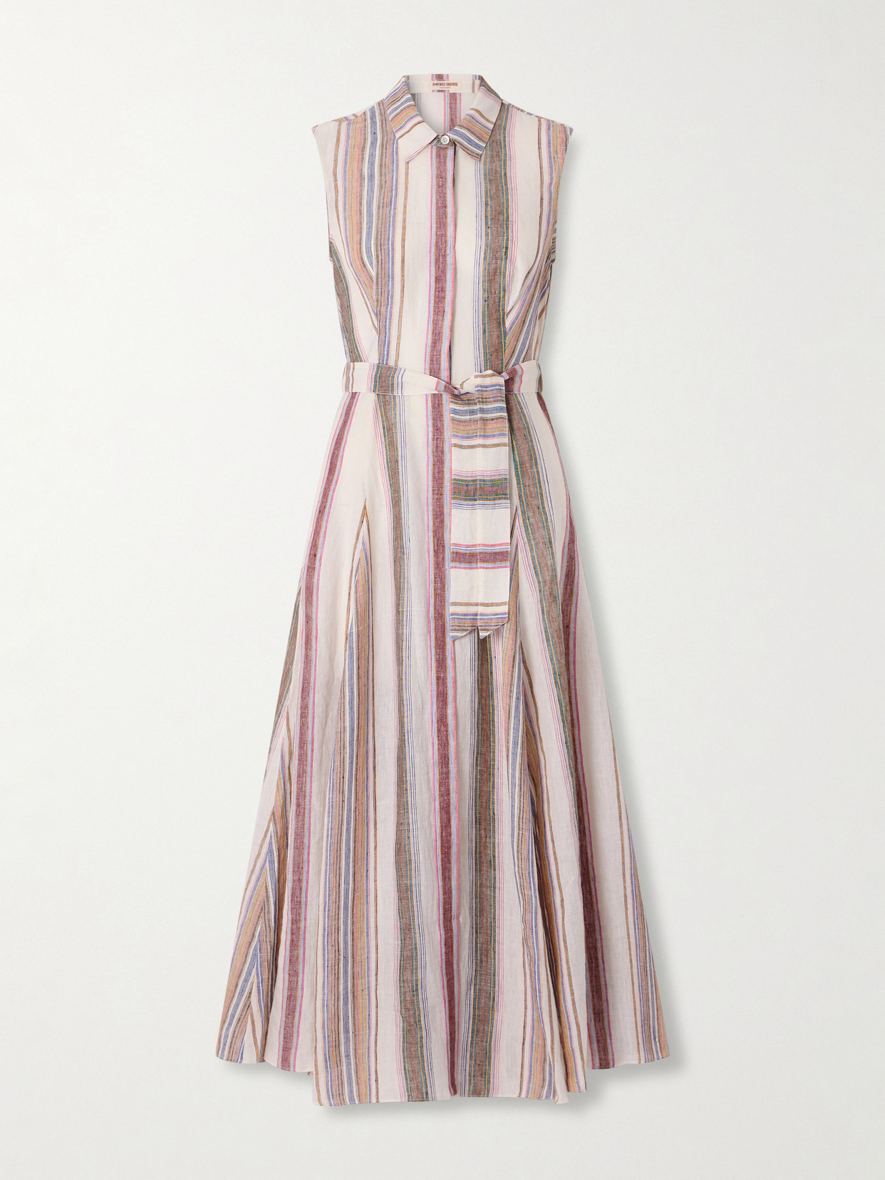 Emporio Sirenuse Milarda Belted Striped Linen Midi Dress In Multi
