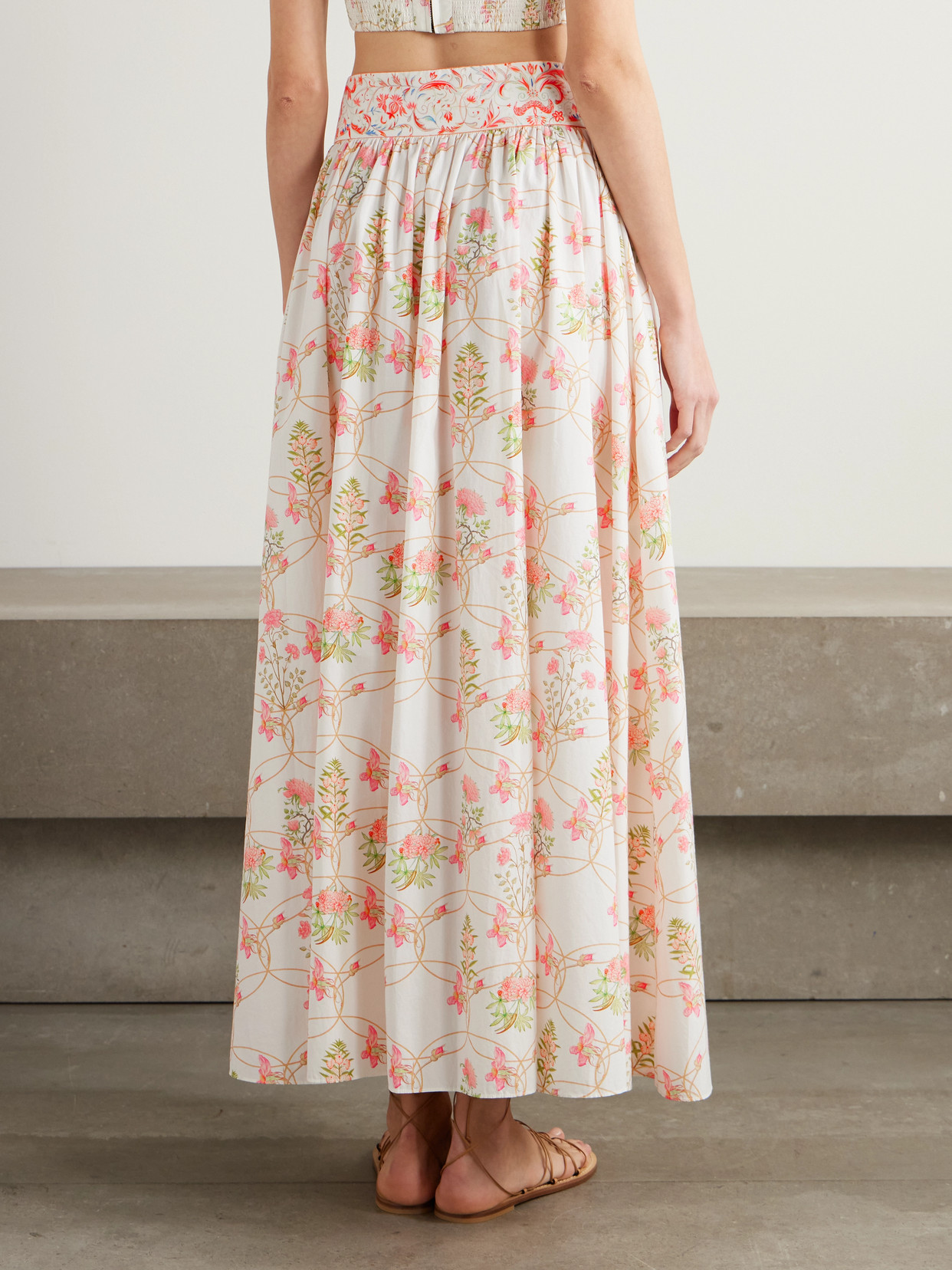 Emporio Sirenuse Ombretta Pleated Floral-print Cotton-poplin Midi Skirt In Pink