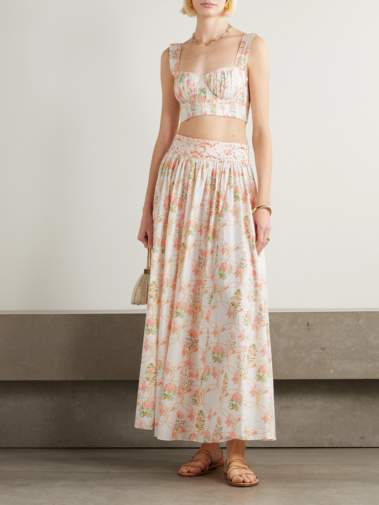 Emporio Sirenuse Ombretta Pleated Floral-print Cotton-poplin Midi Skirt In Pink