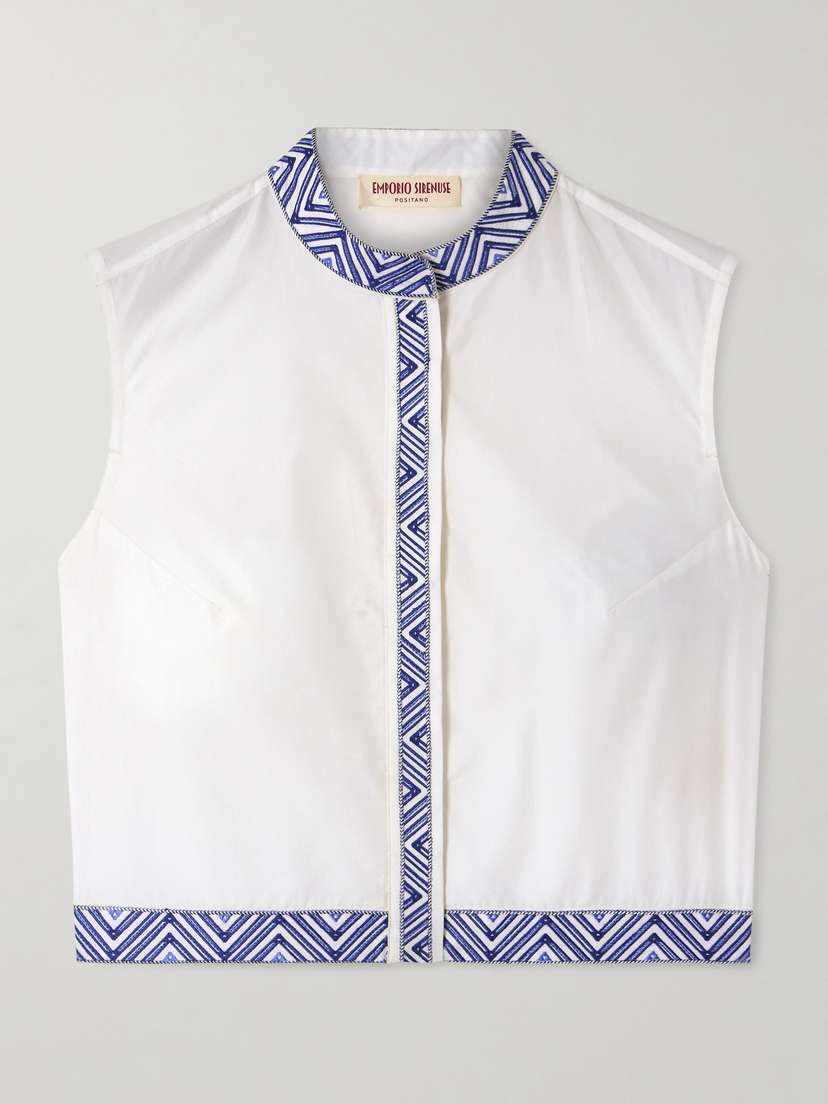 Emporio Sirenuse Andorra Iris Cropped Embroidered Cotton-blend Poplin Top