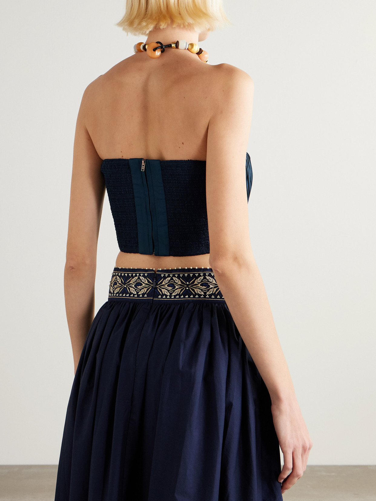 Flavia Strapless Cropped Embroidered Pleated Cotton-Blend Top