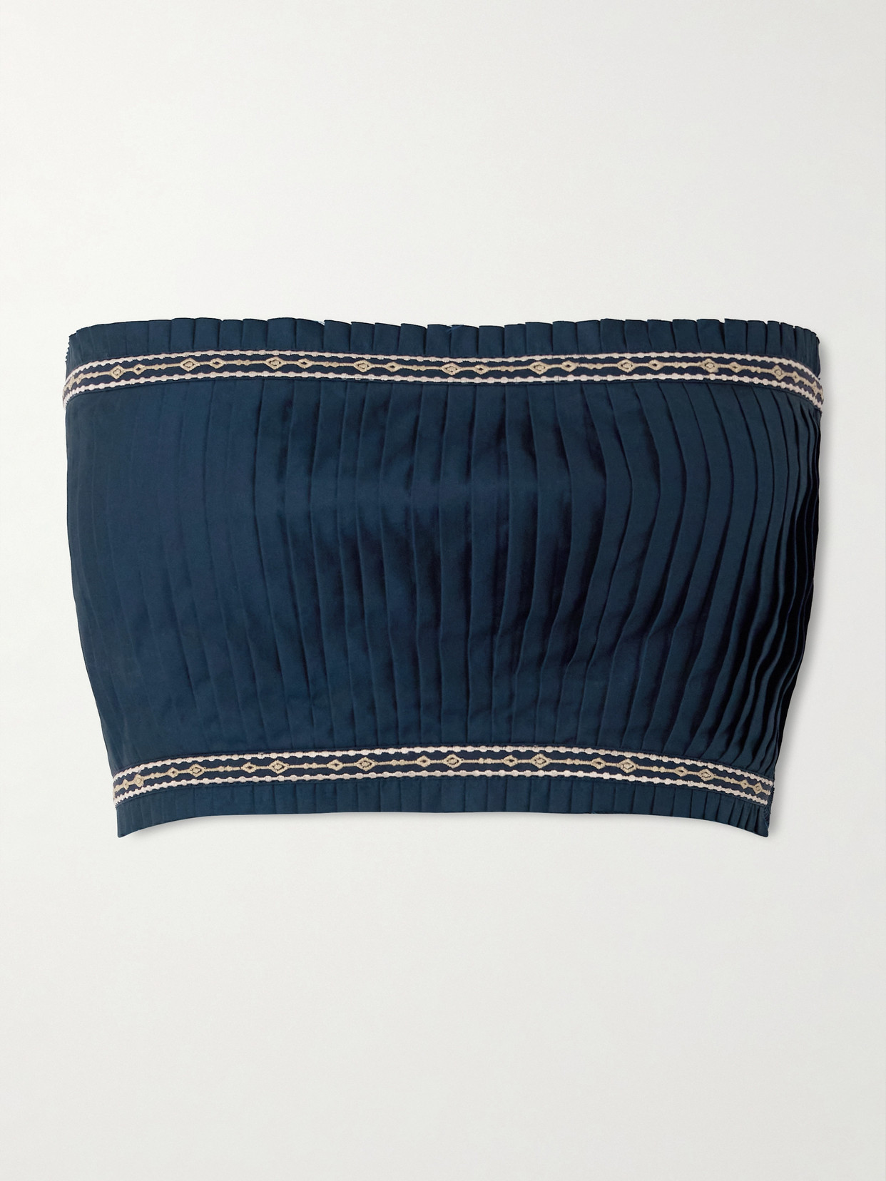Emporio Sirenuse Flavia Strapless Cropped Embroidered Pleated Cotton-blend Top In Blue