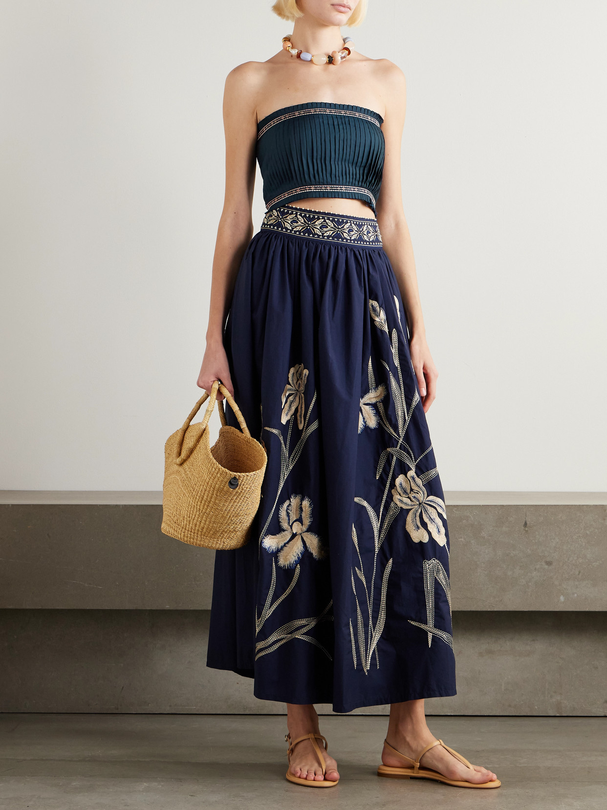 Flavia Strapless Cropped Embroidered Pleated Cotton-Blend Top
