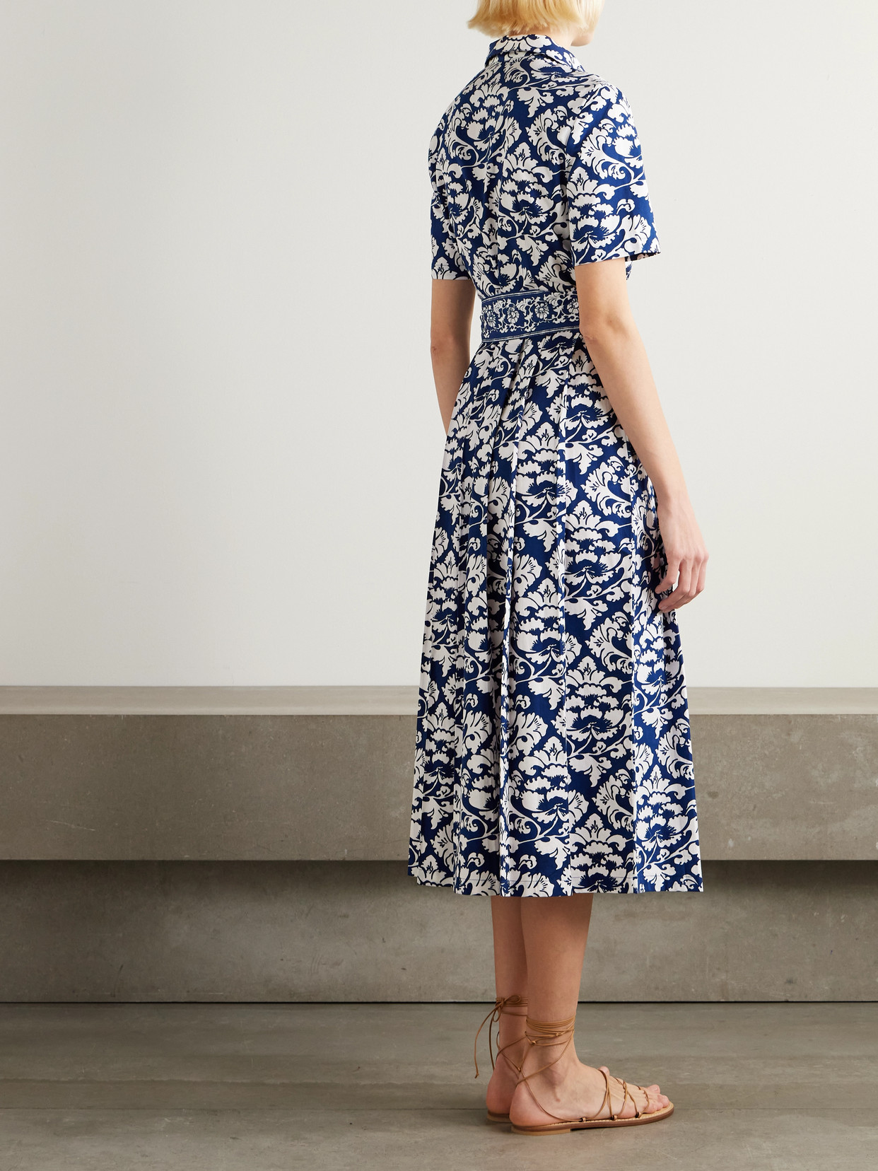 Emporio Sirenuse Claudia Belted Pleated Floral-print Cotton Midi Dress In Blue