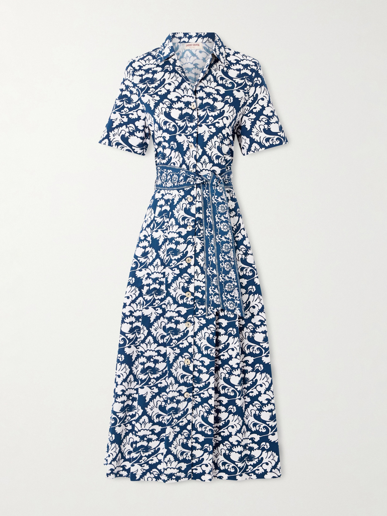 Emporio Sirenuse Claudia Belted Pleated Floral-print Cotton Midi Dress In Blue