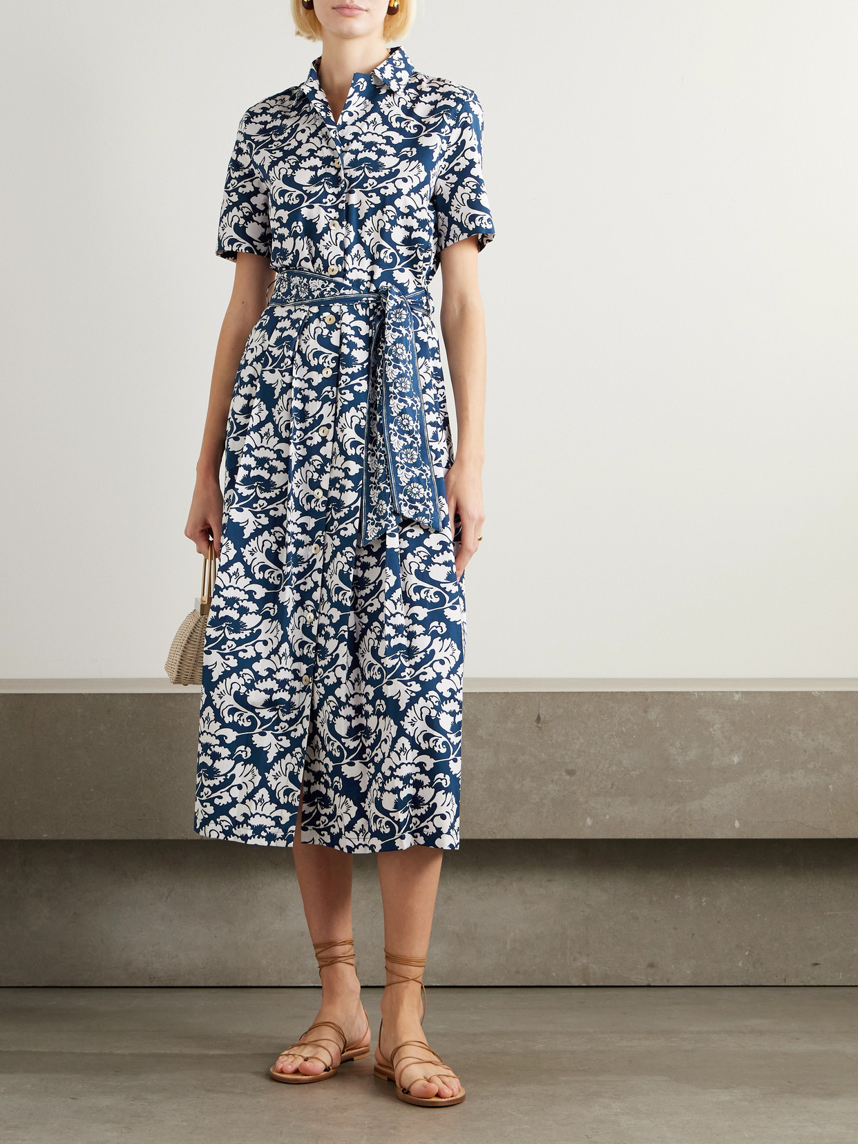 Emporio Sirenuse Claudia Belted Pleated Floral-print Cotton Midi Dress In Blue