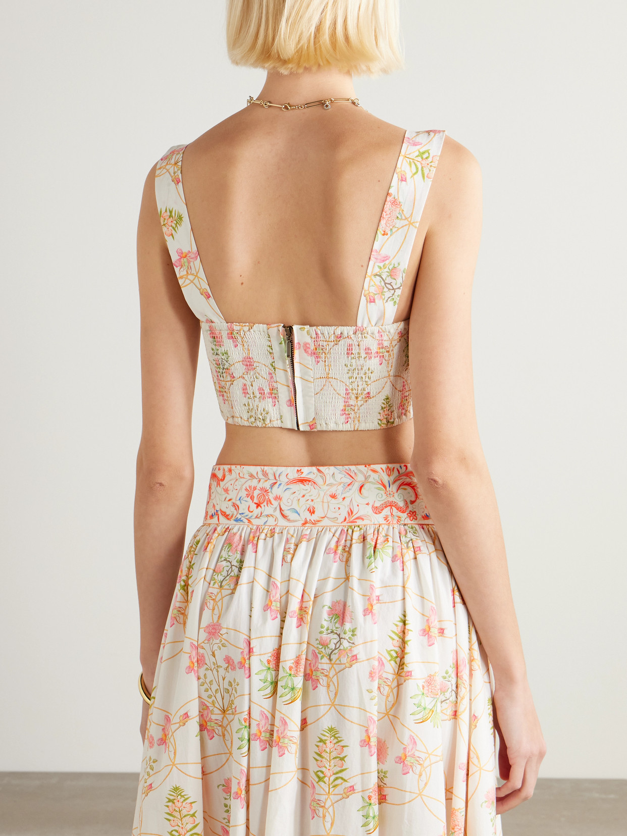 Dalia Cropped Shirred Printed Cotton Bustier Top