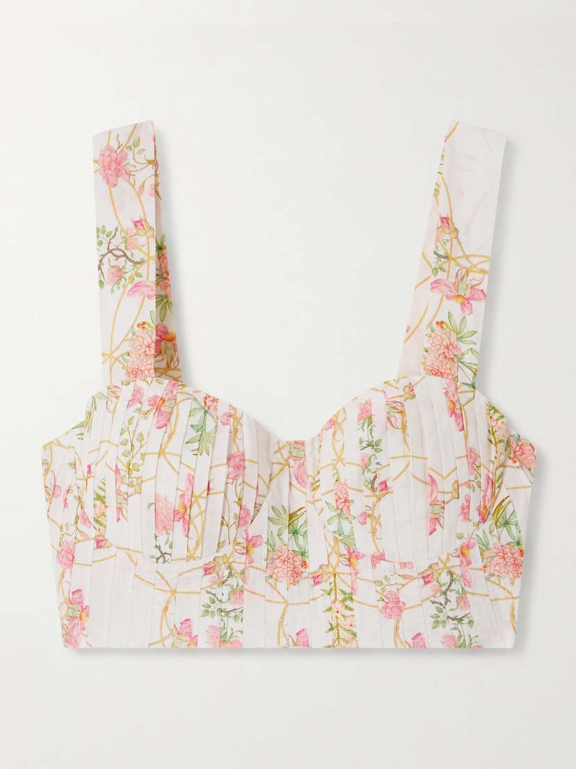 Emporio Sirenuse Dalia Cropped Shirred Printed Cotton Bustier Top