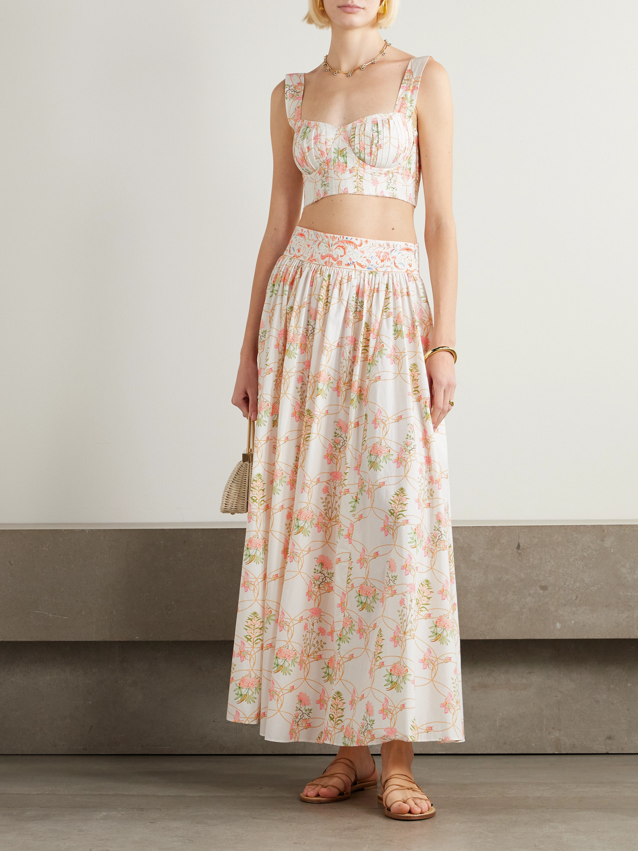 Dalia Cropped Shirred Printed Cotton Bustier Top
