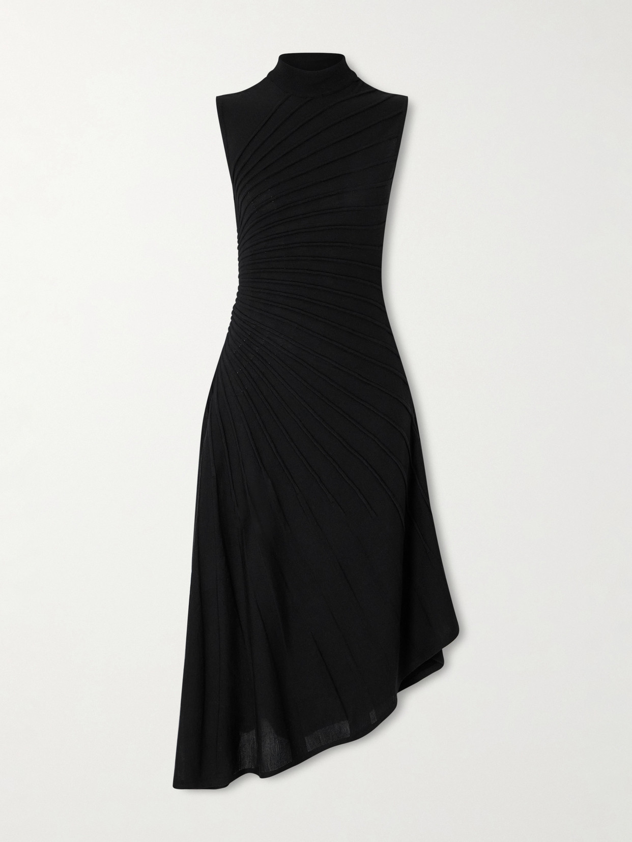 Alaïa Asymmetric Ribbed Wool Turtleneck Midi Dress In Black