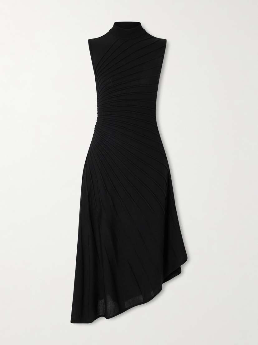Alaïa Asymmetric Ribbed Wool Turtleneck Midi Dress