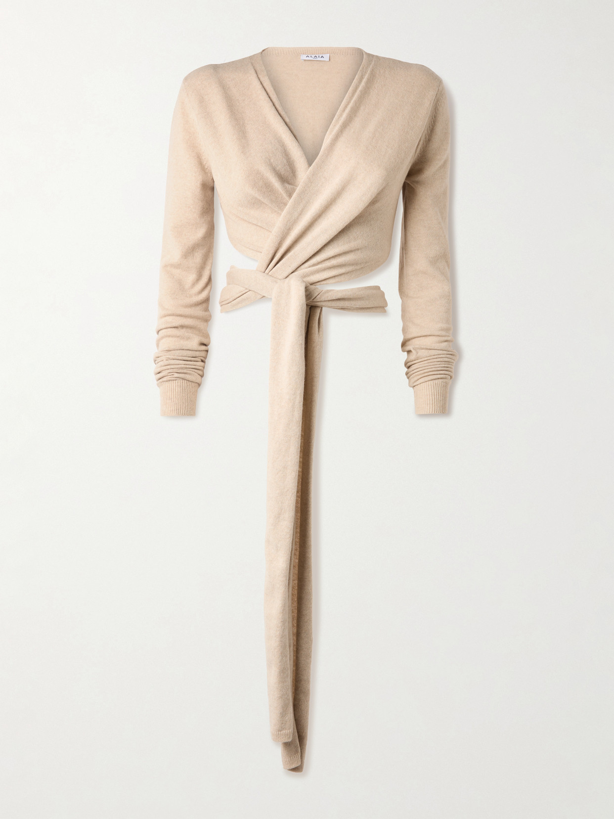 Alaïa Cropped Cashmere-blend Wrap Top In Neutral