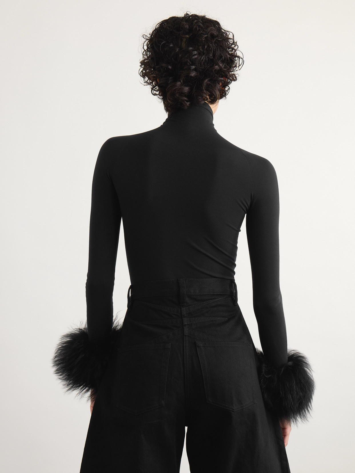 Alaïa Shearling-trimmed Stretch-jersey Turtleneck Bodysuit In Black