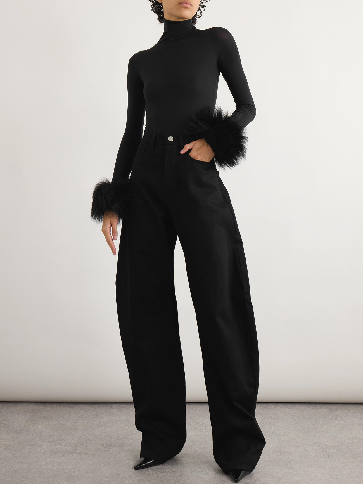 Alaïa Shearling-trimmed Stretch-jersey Turtleneck Bodysuit In Black