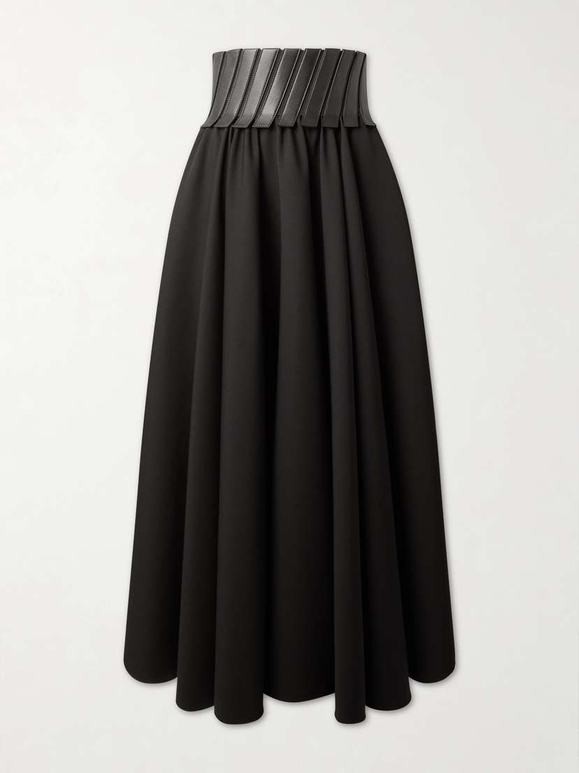 Alaïa Leather-trimmed Wool-gabardine Midi Skirt