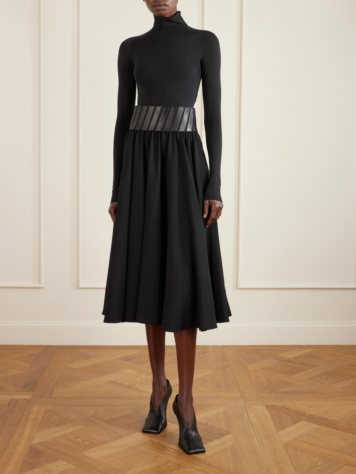 Alaïa - Leather-Trimmed Wool-Gabardine Midi