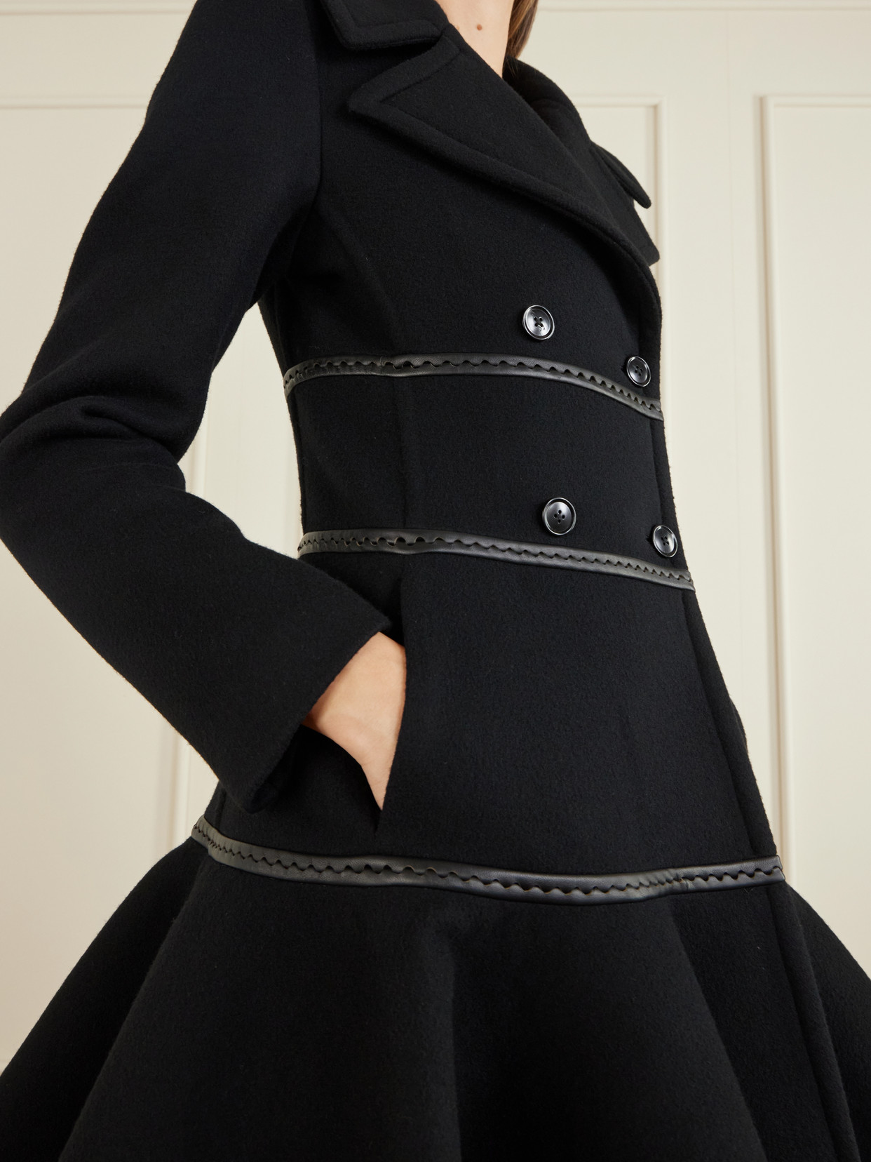 Alaïa - Princess Double-Breasted Leather-Trimmed Wool Peplum Coat