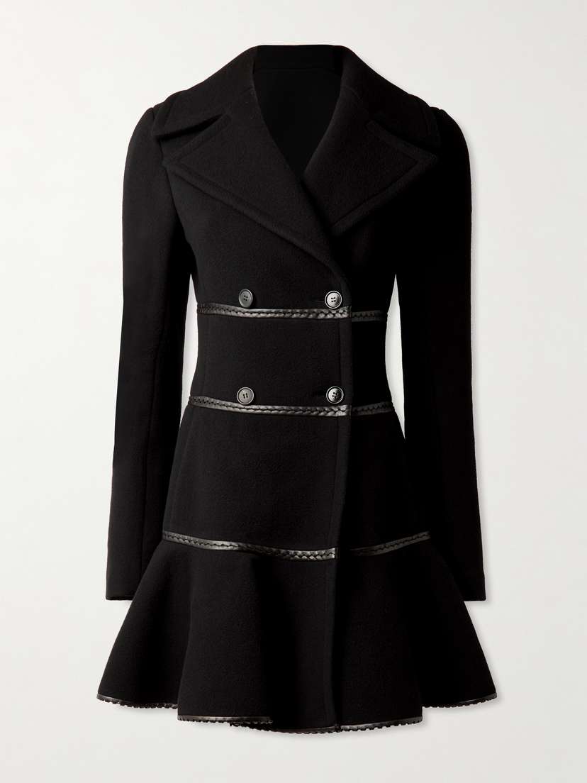Alaïa Princess Double-breasted Leather-trimmed Wool Peplum Coat
