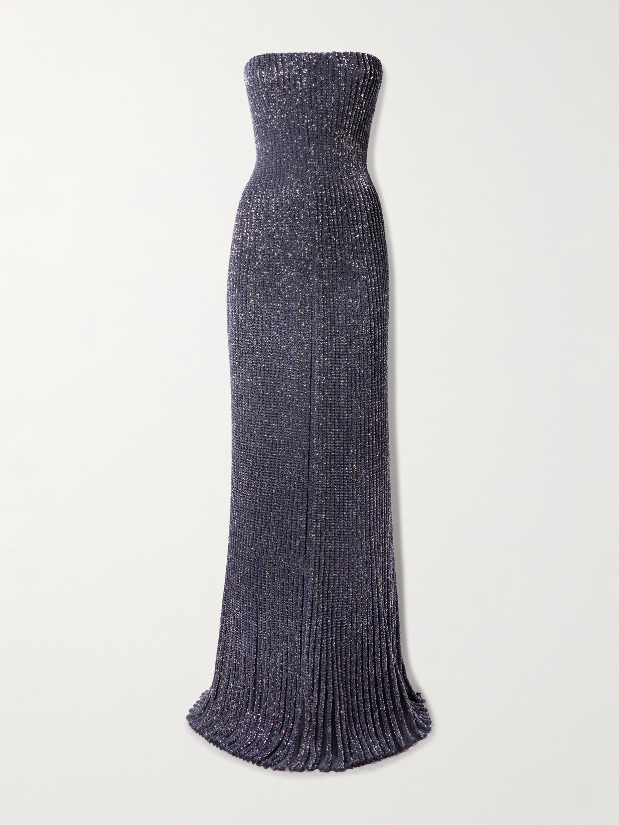 Alaïa Strapless Sequin-embellished Metallic Ribbed-knit Gown In Blue