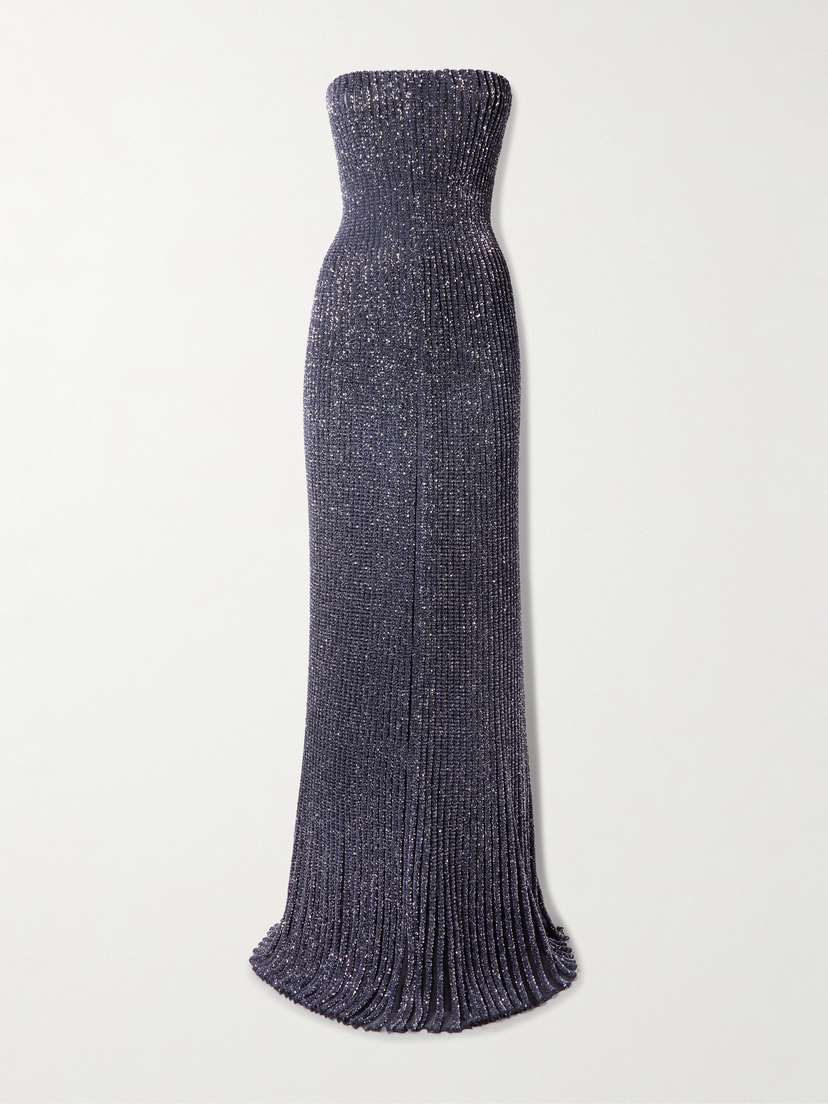 Alaïa Strapless Sequin-embellished Metallic Ribbed-knit Gown