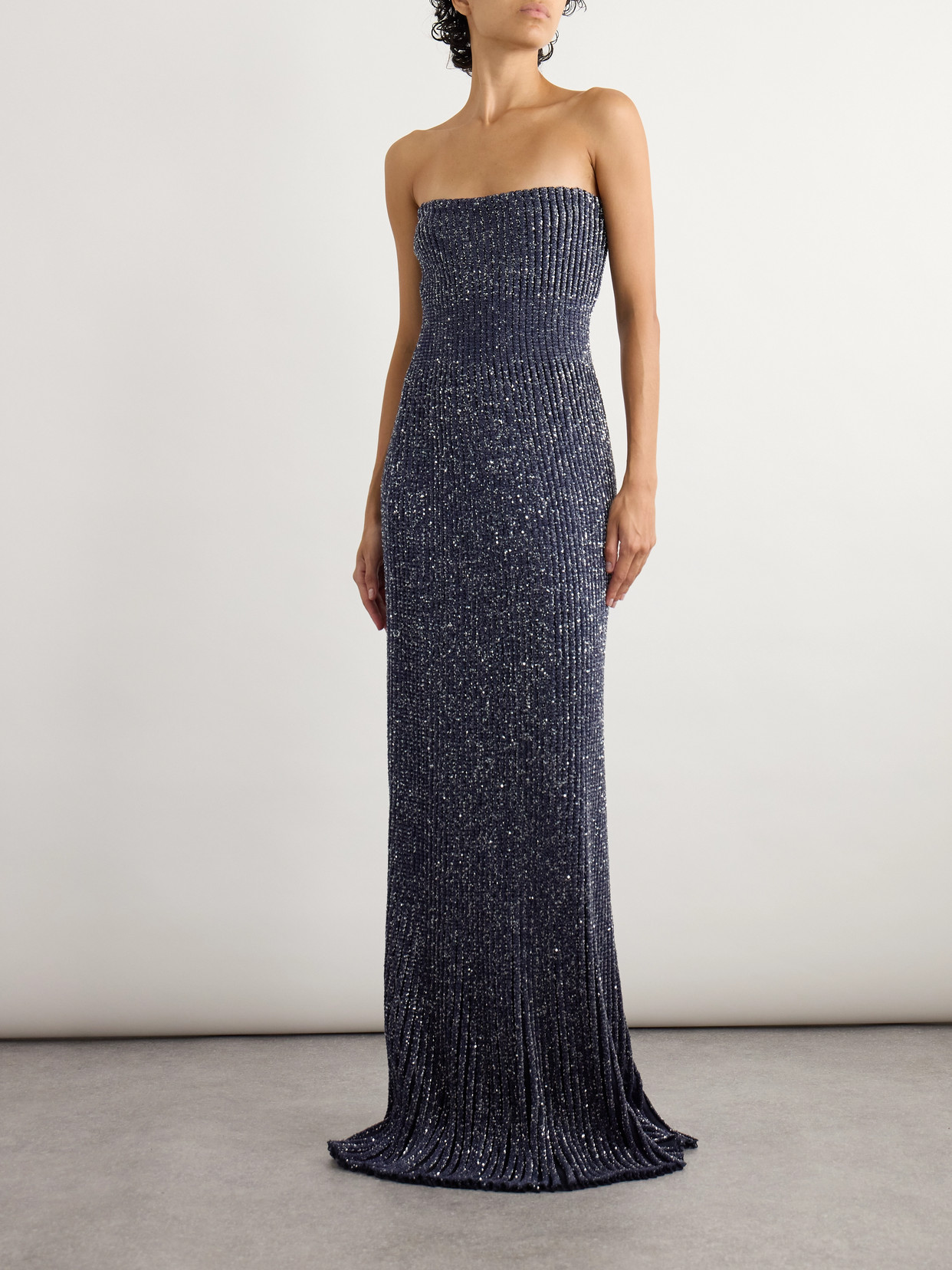 Alaïa Strapless Sequin-embellished Metallic Ribbed-knit Gown In Blue