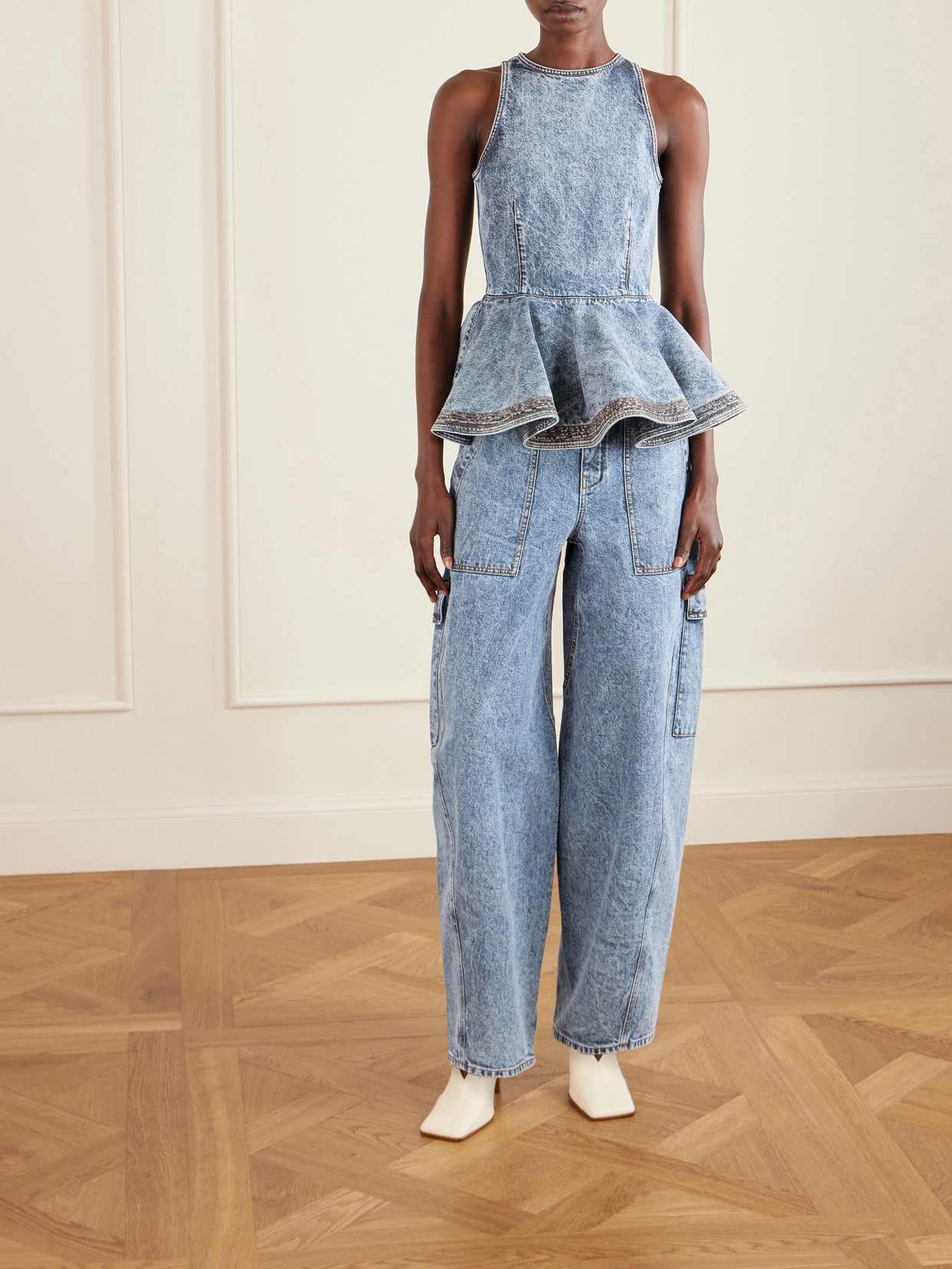 Alaïa Alaia Peplum Halterneck Top With Ruched Hem And Fitted Waist In Blue