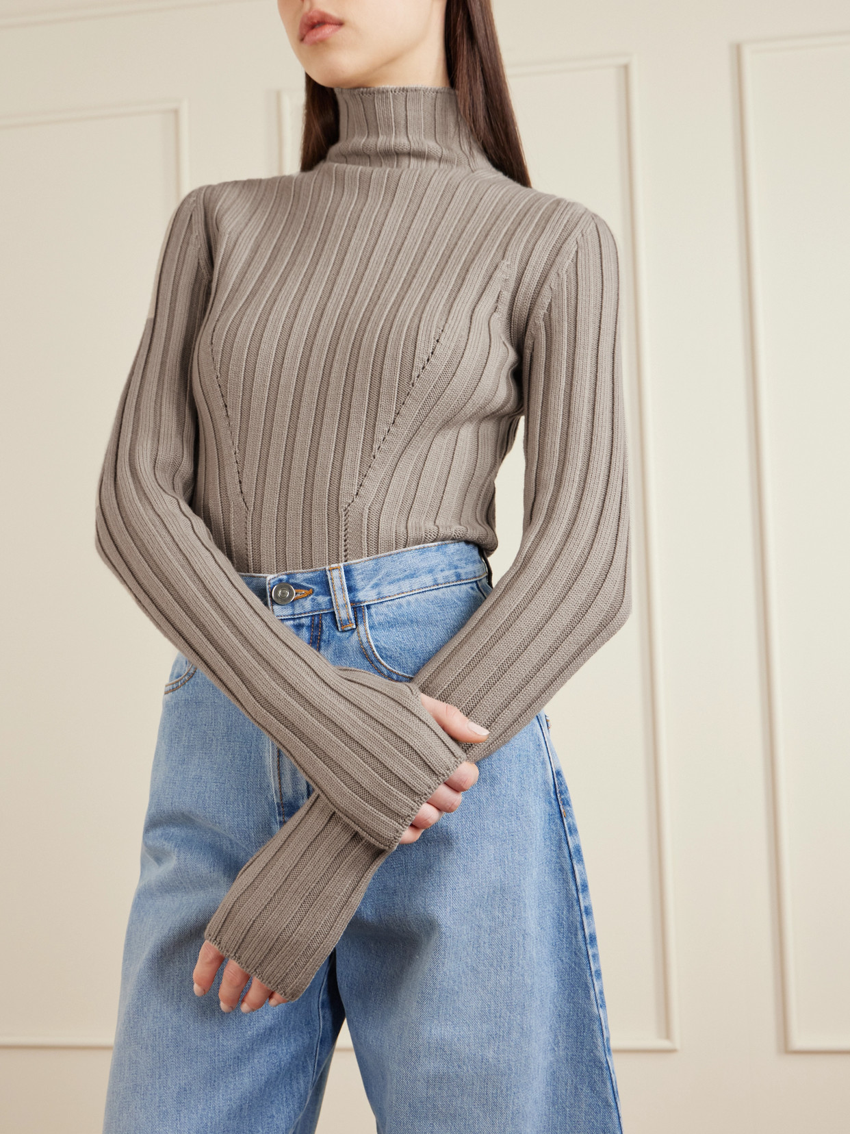 Alaïa Ribbed Wool Turtleneck Bodysuit In Brown