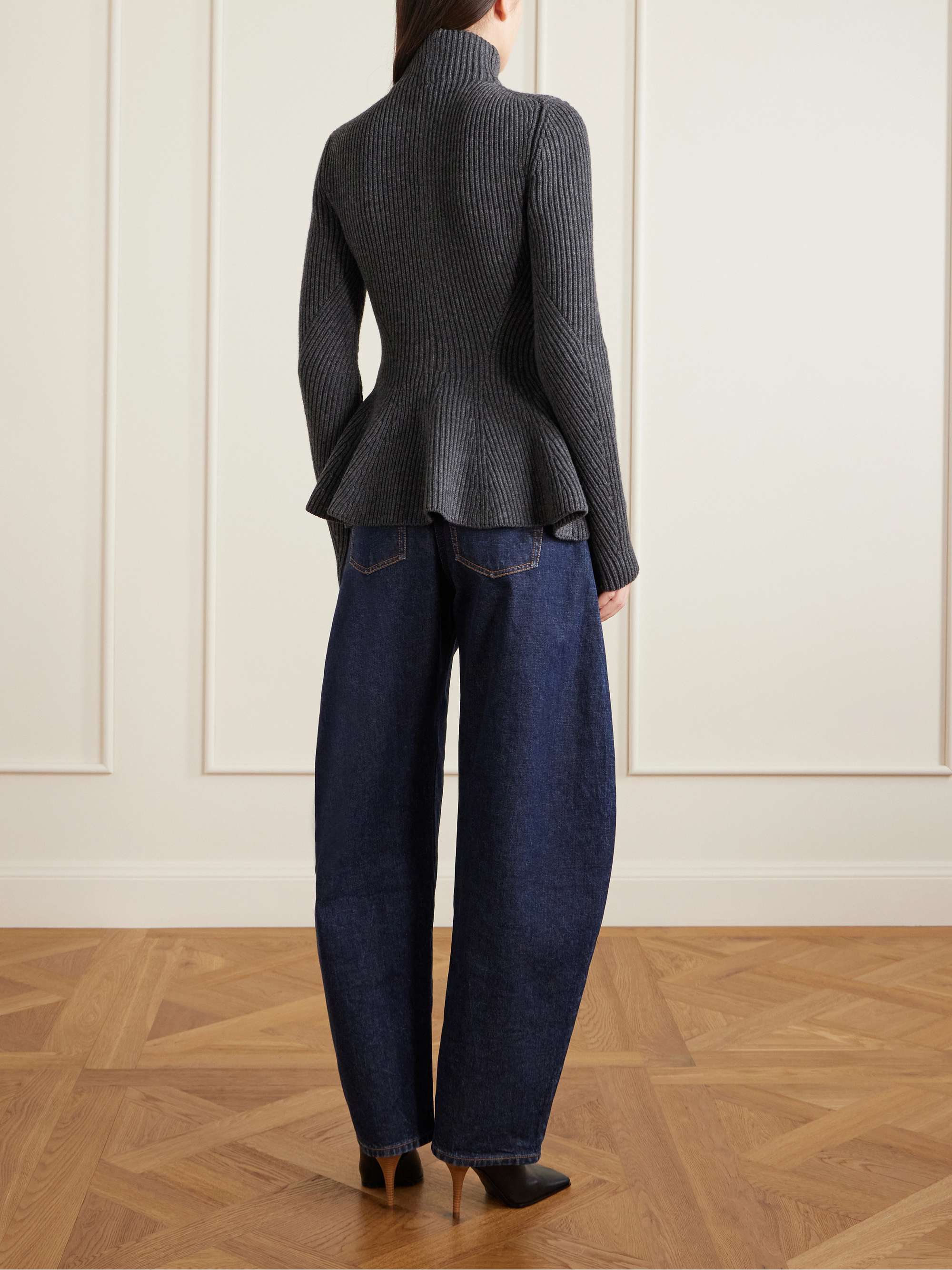 ALAÏA Ribbed wool and cashmere-blend peplum zip-up cardigan | NET