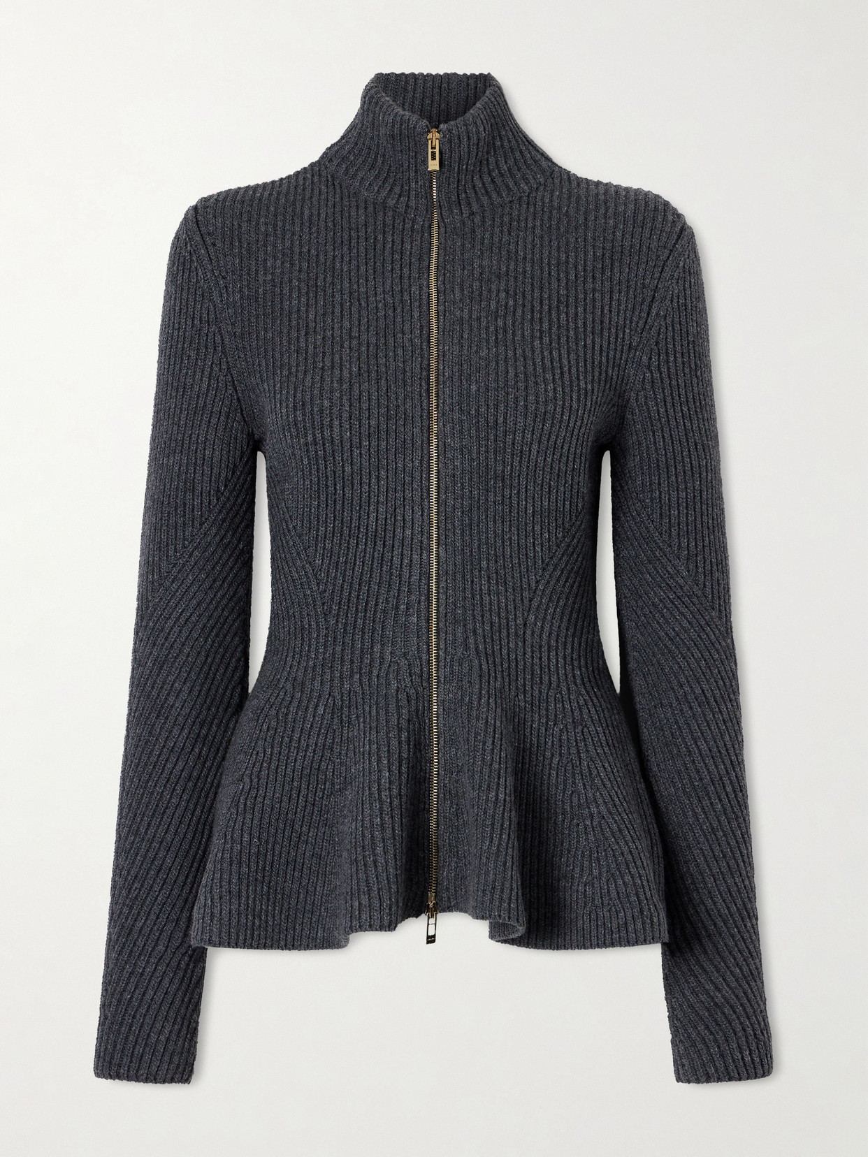 Alaïa Ribbed Wool And Cashmere-blend Peplum Zip-up Cardigan In Gray
