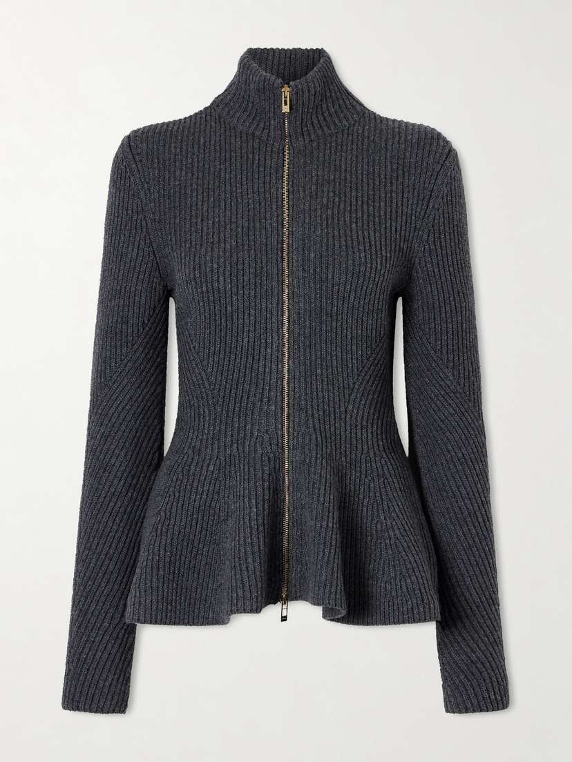 Alaïa Ribbed Wool And Cashmere-blend Peplum Zip-up Cardigan