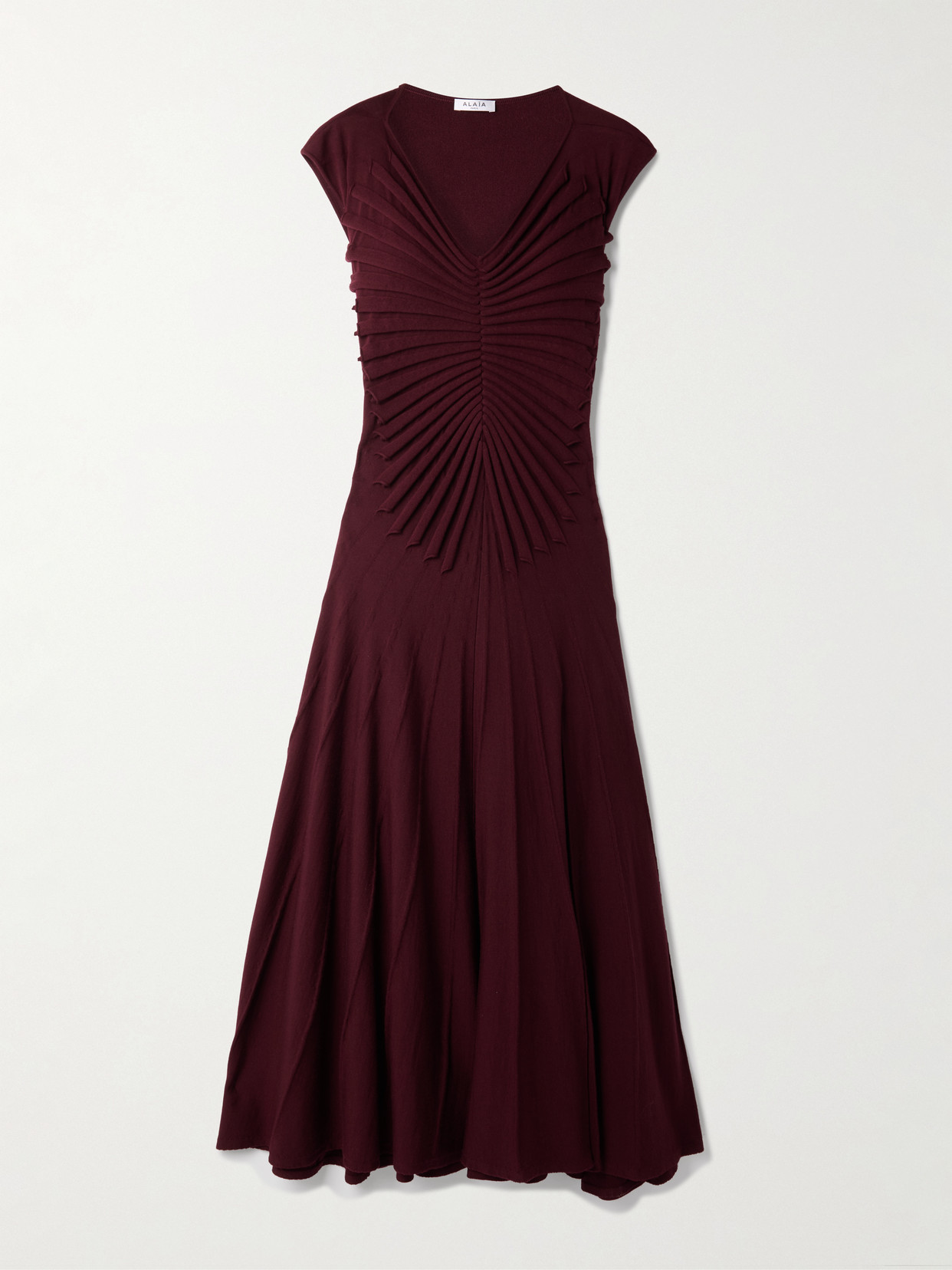 Alaïa Pleated Wool Midi Dress In Burgundy