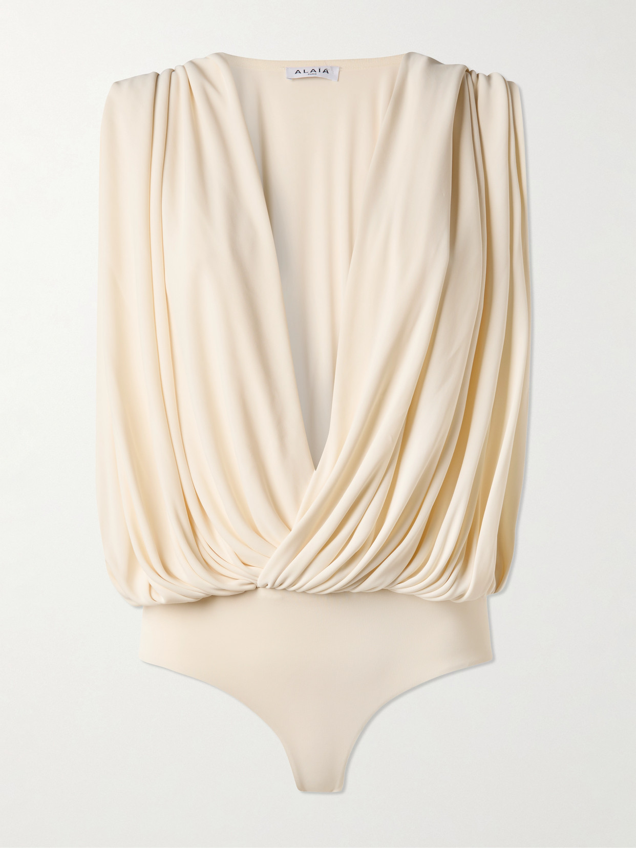 Alaïa Hooded Draped Jersey Bodysuit In Gold