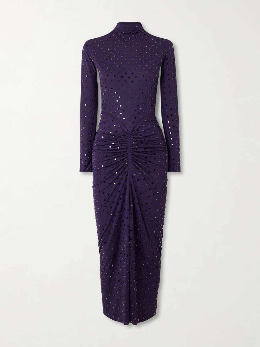Alaïa Gathered Crystal-embellished Jersey Midi Dress