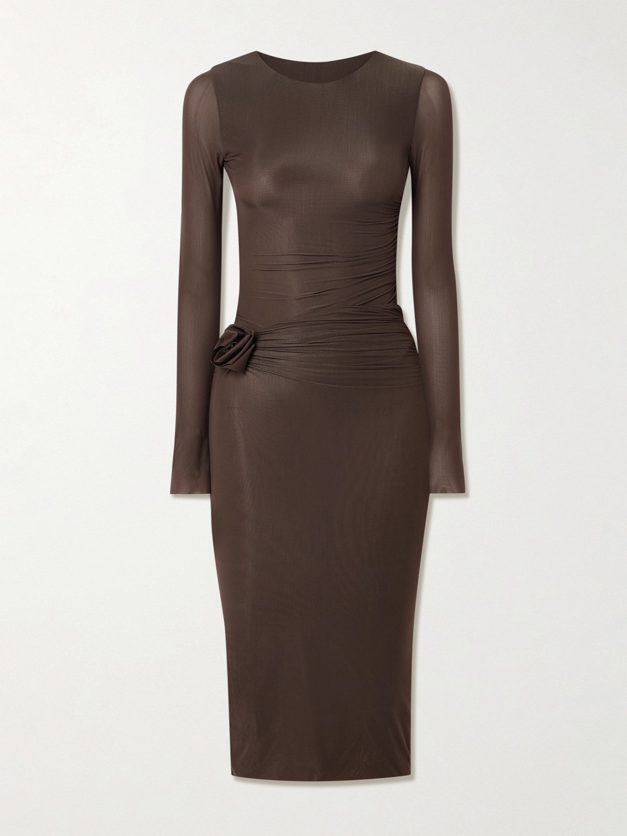Maygel Coronel Anna Appliquéd Draped Stretch-jersey Midi Dress In Brown