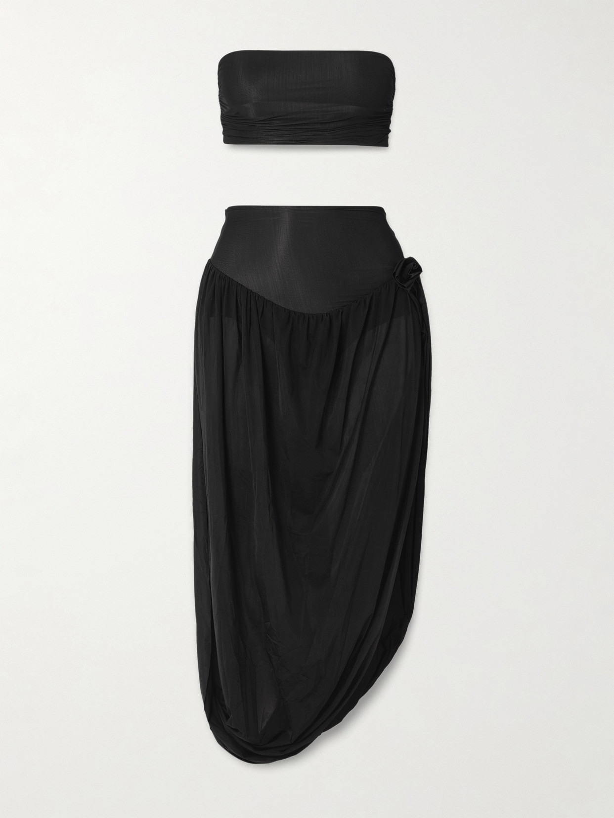 Maygel Coronel Noregia Ruched Draped Appliquéd Stretch-jersey Strapless Top And Midi Skirt Set In Black