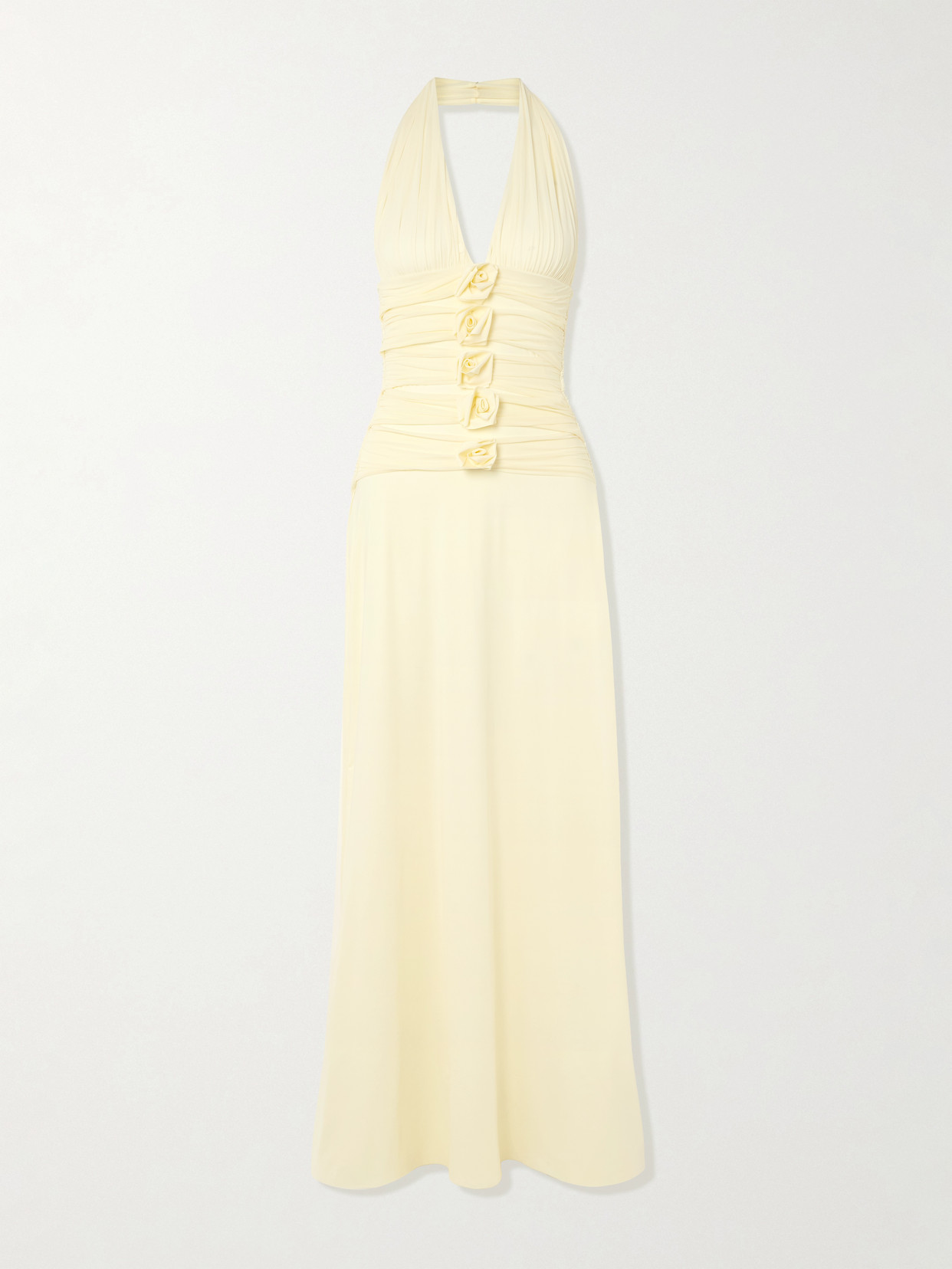 Maygel Coronel Villadiego Appliquéd Stretch-jersey Halterneck Maxi Dress In Yellow