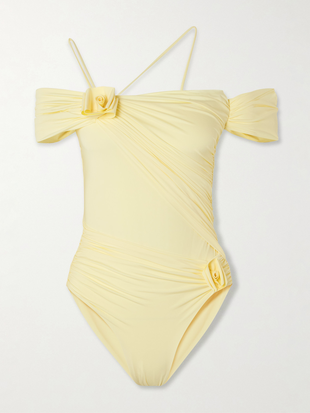 Maygel Coronel Fiorella Off-the-shoulder Appliquéd Ruched Swimsuit In Yellow