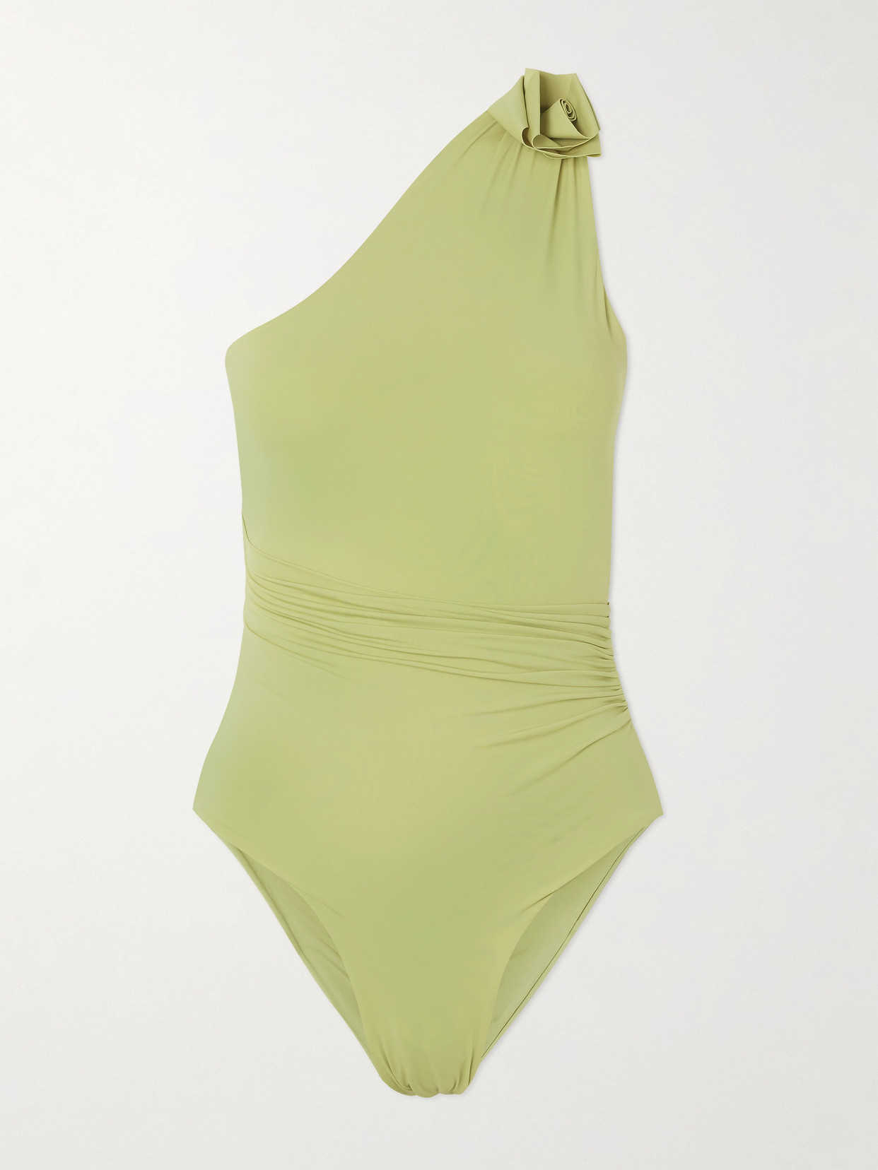 Maygel Coronel Ecos One-shoulder Appliquéd Ruched Swimsuit In Green