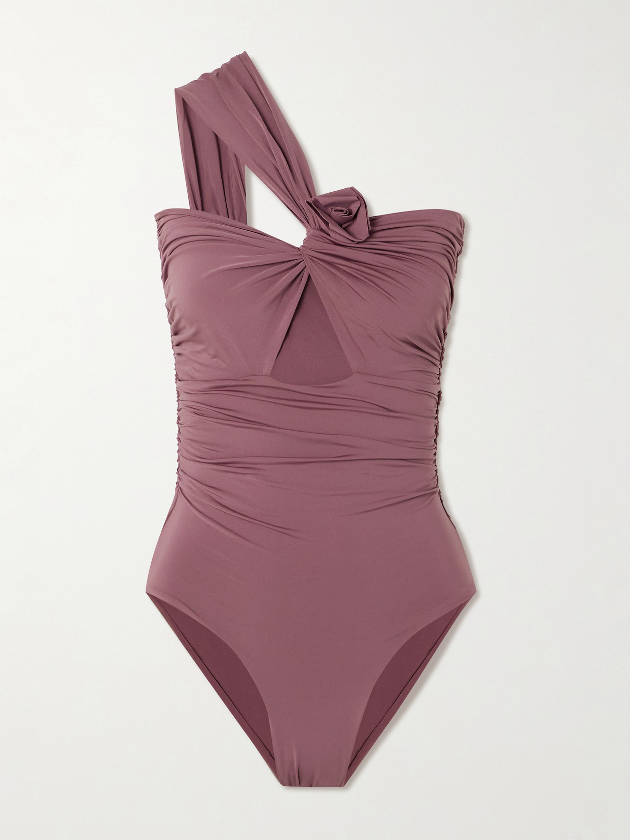 Maygel Coronel Rodríguez One-shoulder Appliquéd Ruched Cutout Swimsuit In Purple