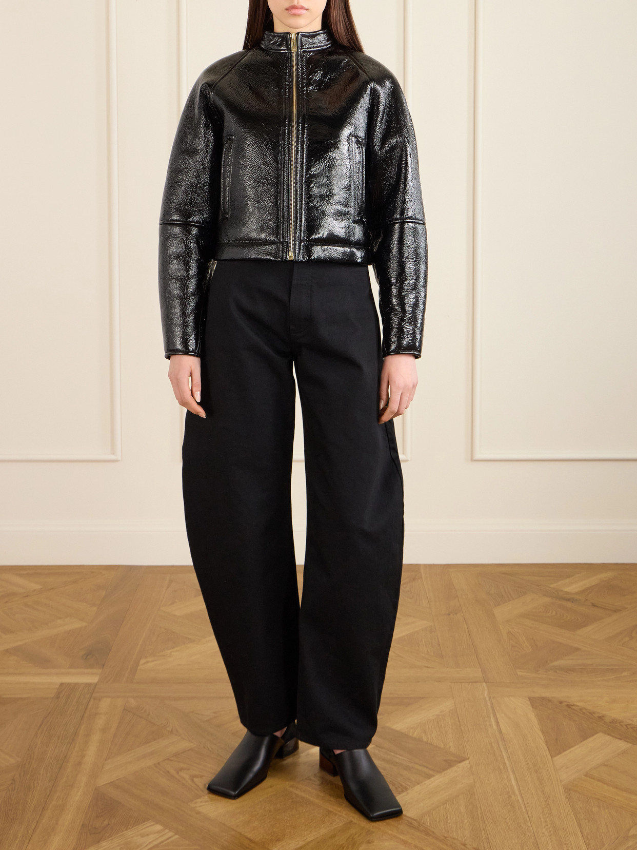 Alaïa Cropped Shearling Bomber Jacket In Black