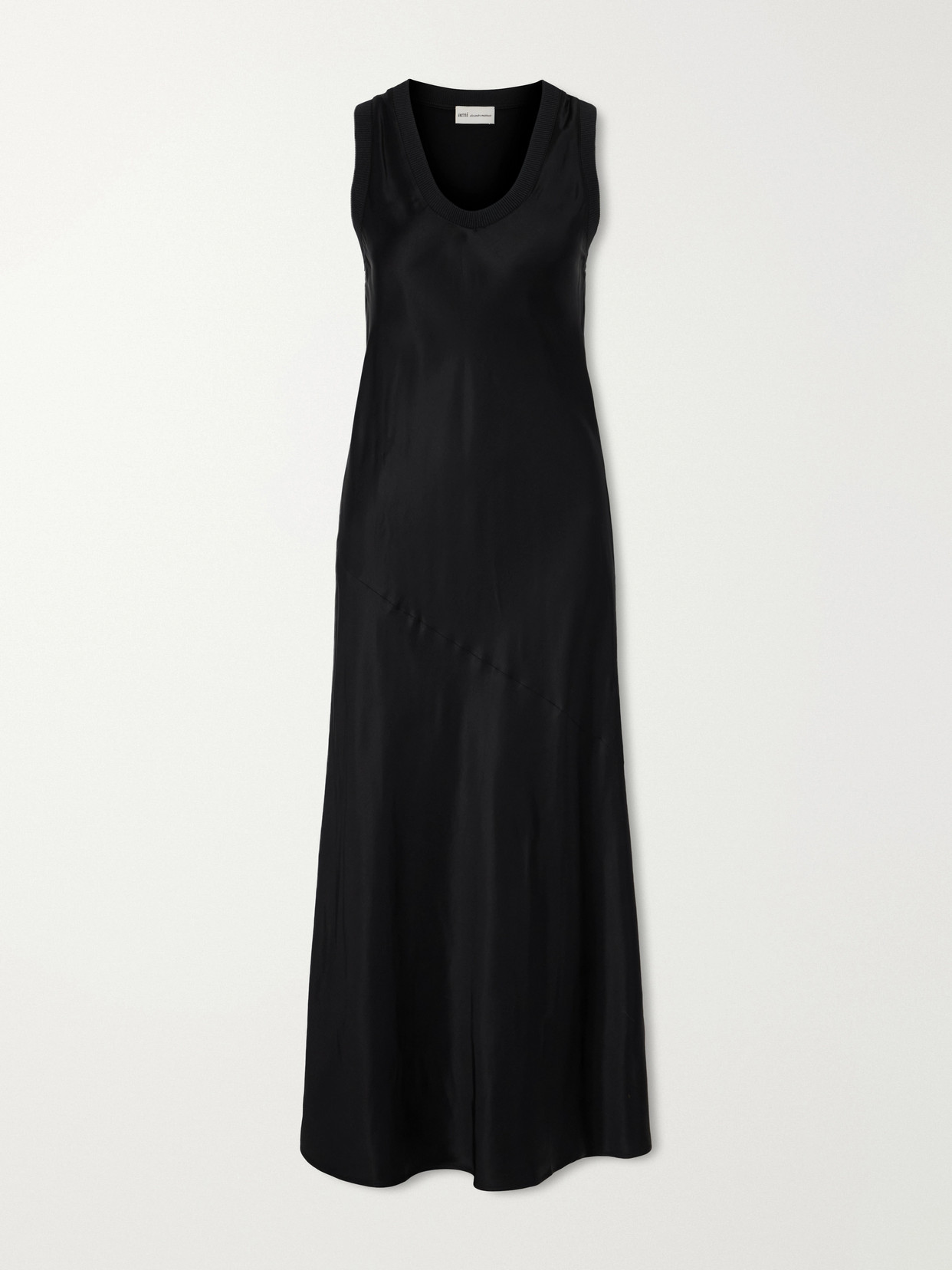 Ami Alexandre Mattiussi Ribbed-knit Trimmed Satin Maxi Dress In Black