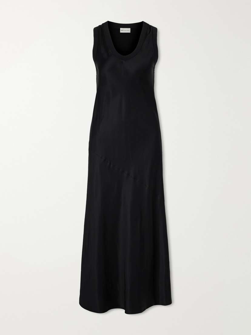 AMI PARIS Ribbed-knit Trimmed Satin Maxi Dress