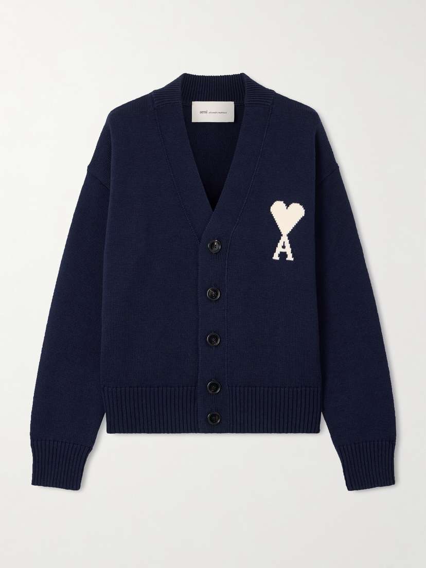 AMI PARIS Intarsia-knit Wool And Cotton-blend Cardigan