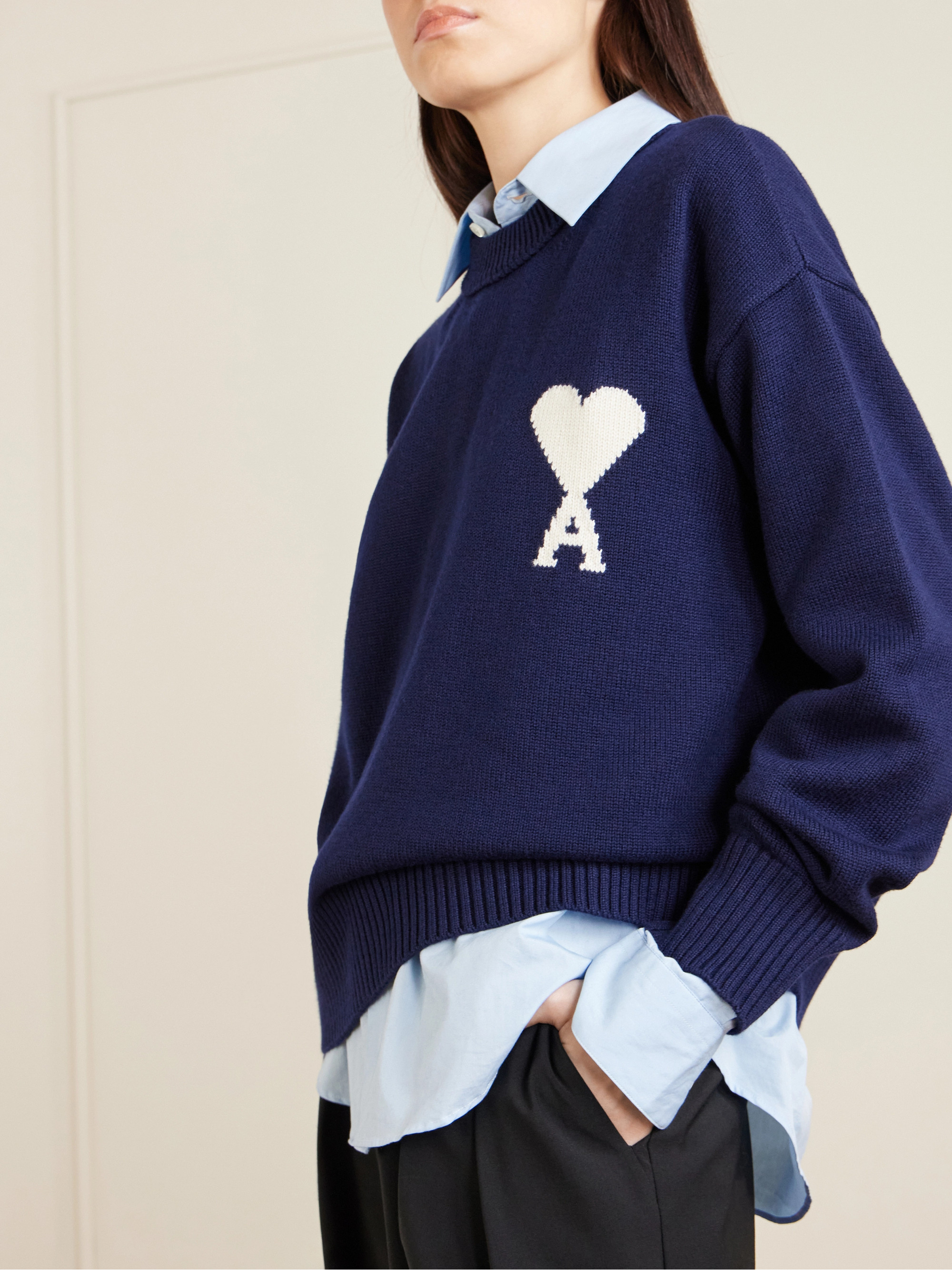 Ami Paris Intarsia wool and cotton-blend sweater thumbnail