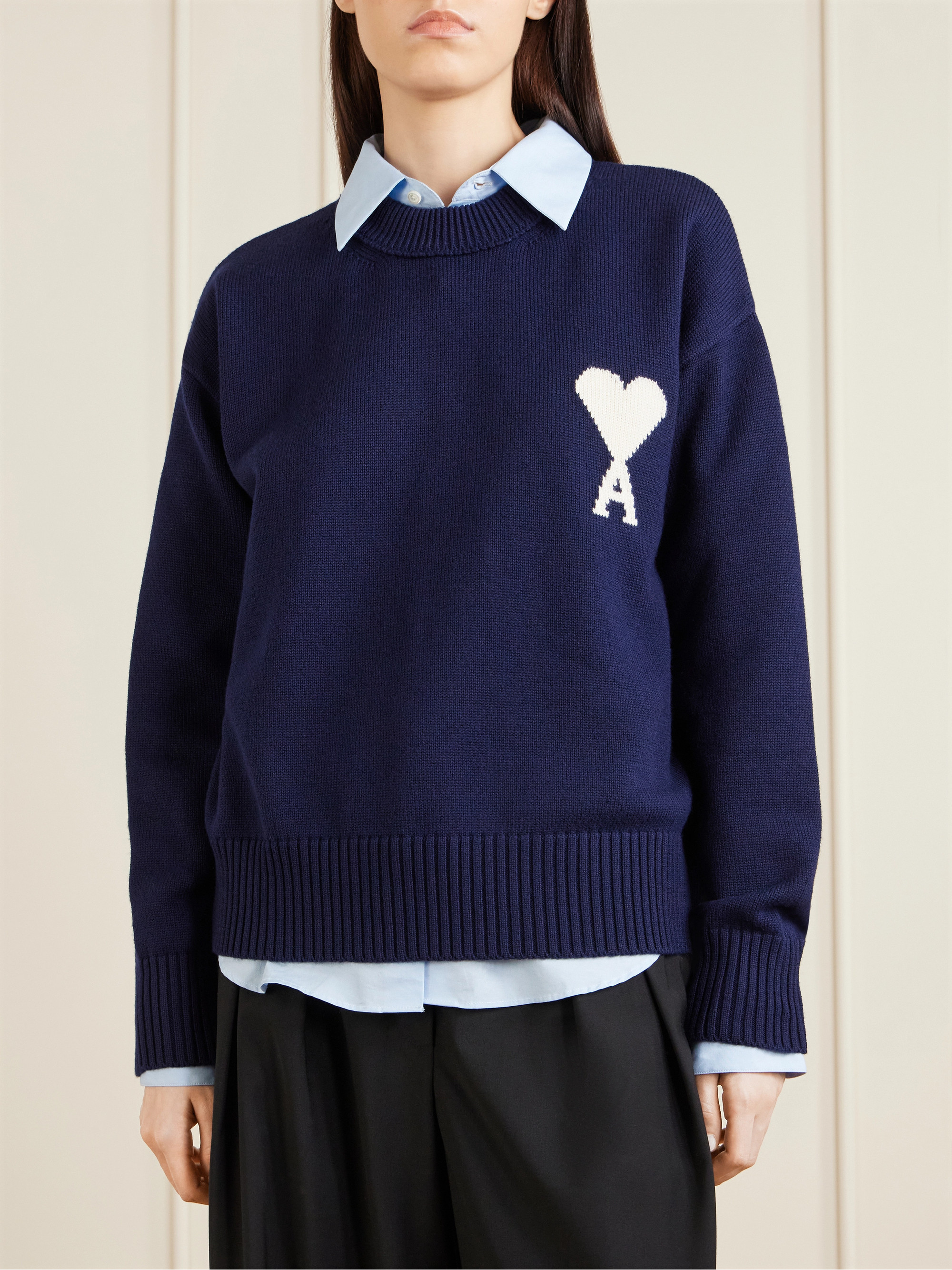 Ami Paris Intarsia wool and cotton-blend sweater