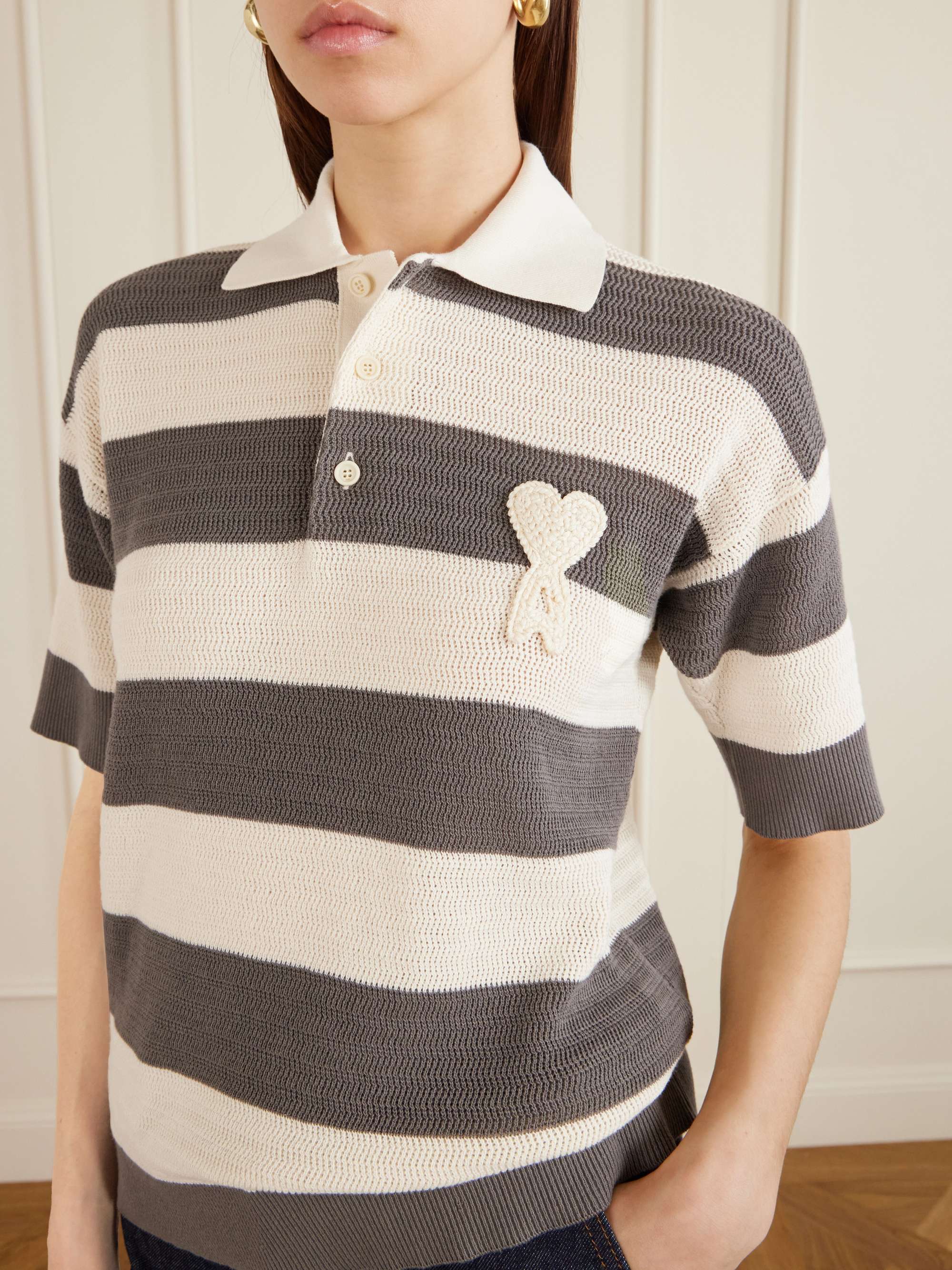 AMI PARIS Embroidered striped knitted cotton polo shirt | NET-A-PORTER