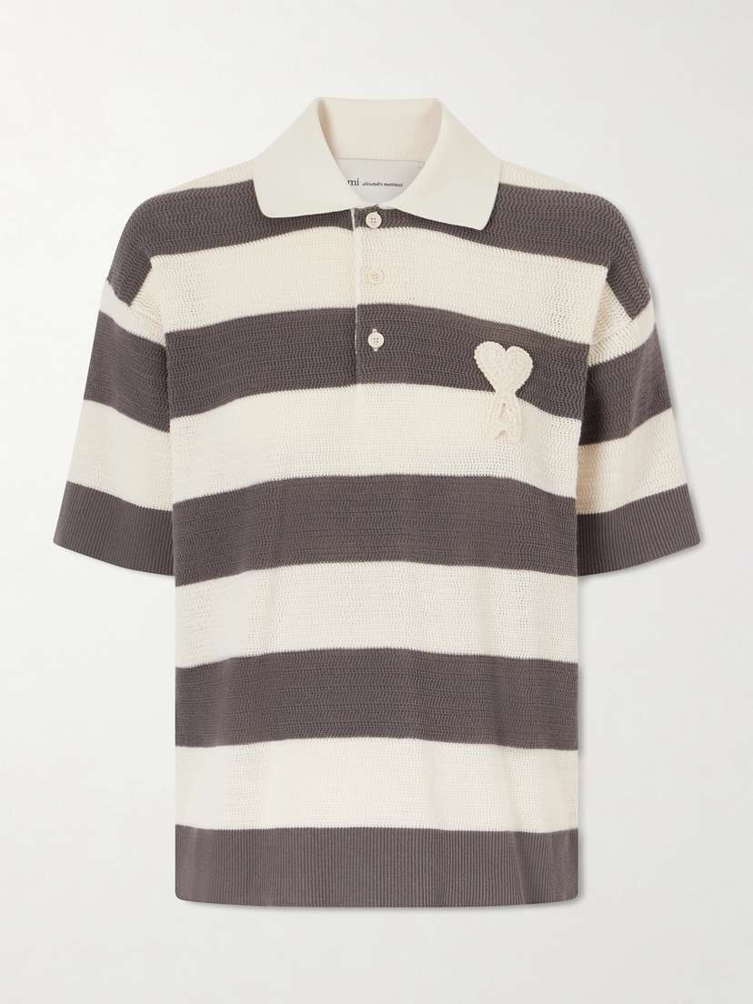 AMI PARIS Embroidered Striped Knitted Cotton Polo Shirt