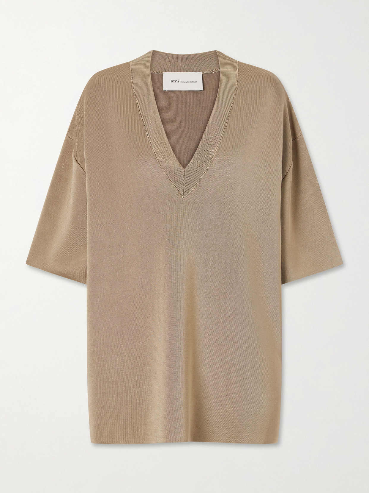 Ami Alexandre Mattiussi Double-faced Satin-jersey And Wool Sweater In Brown