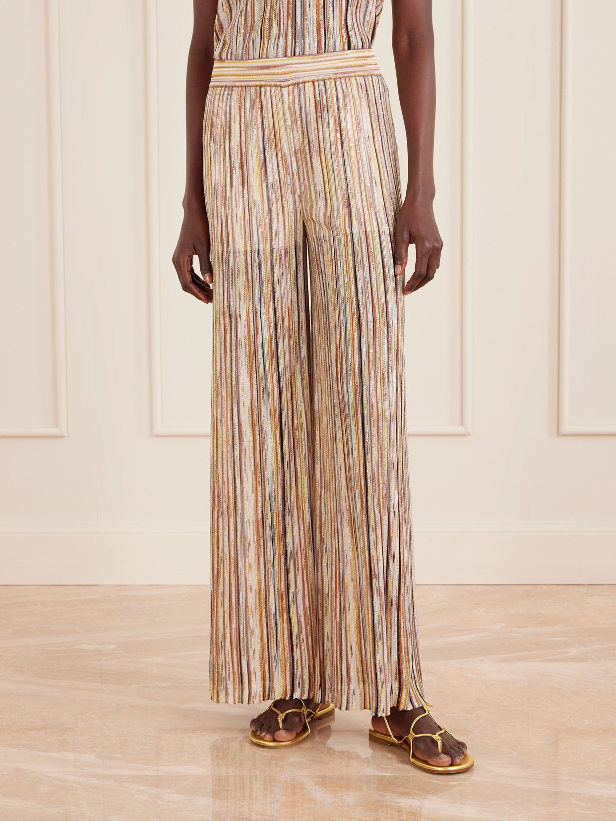 Missoni Mare Embellished Metallic Crochet-knit Wide-leg Pants In Brown