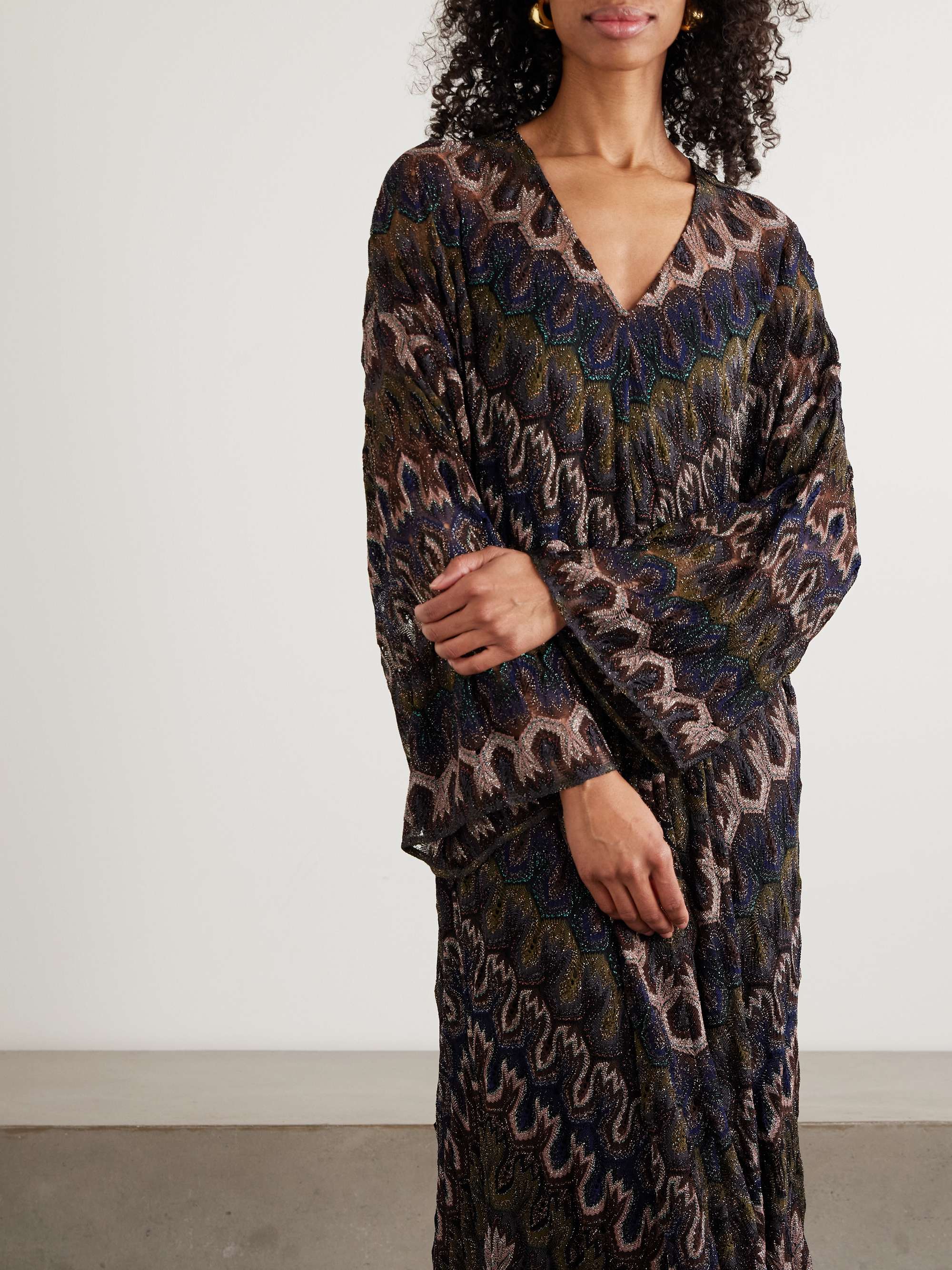 MISSONI Tie-detailed striped metallic crochet-knit dress | NET-A